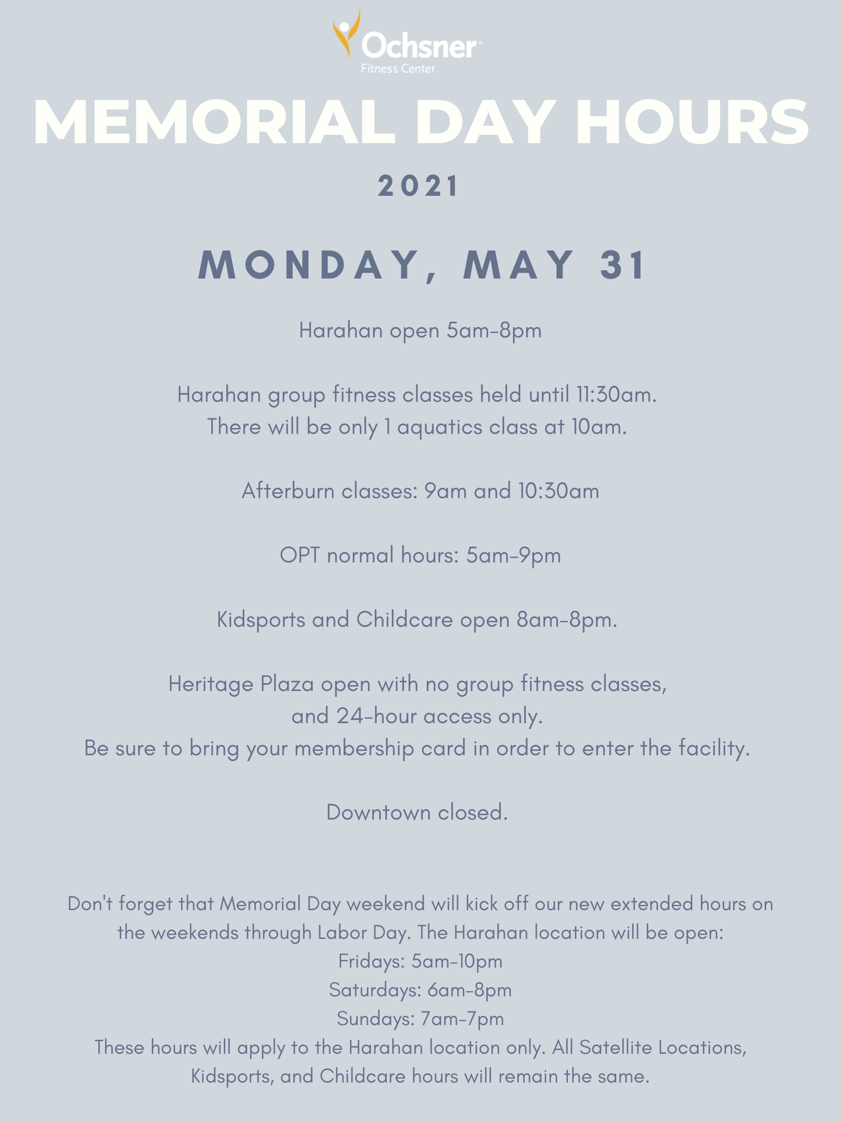 Ochsner Fitness Center Memorial Day Hours at all locations